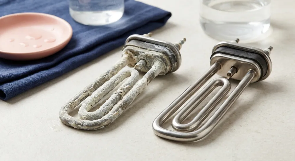 Verwarmingselement met kalkaanslag naast een schoon element ter vergelijking