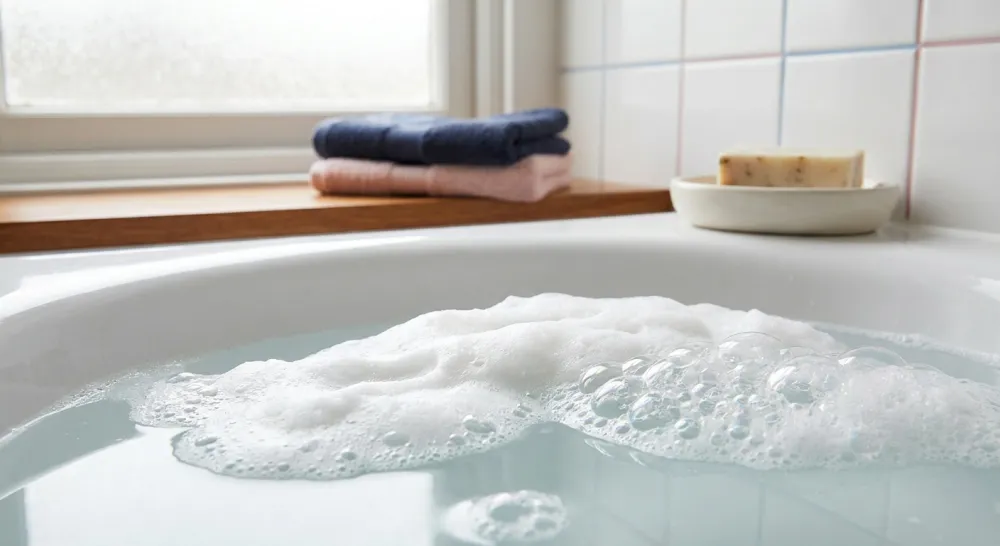 Rijk sopschuim in zacht water in een lichte badkamer