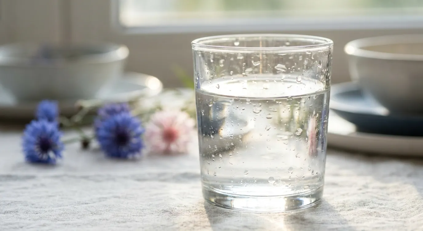 Glas helder water in tegenlicht als beeld van kalkvrij, zacht water