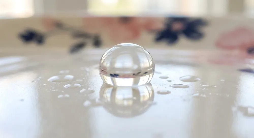 Macro van een heldere waterdruppel op een glad oppervlak