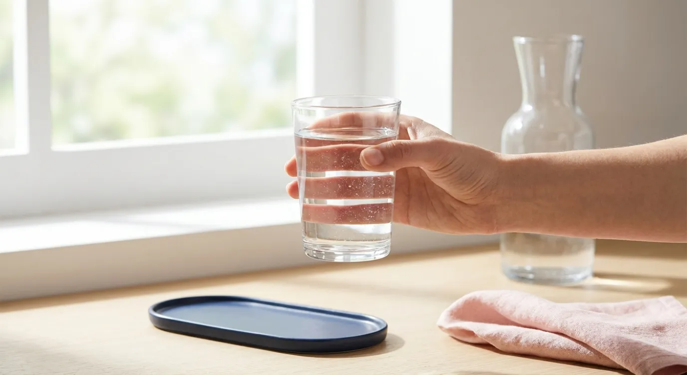 Hand houdt een glas leidingwater in het daglicht