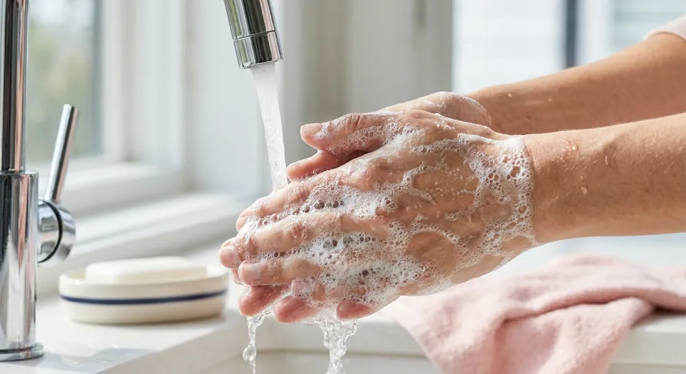 Handen maken rijk sopschuim onder stromend water