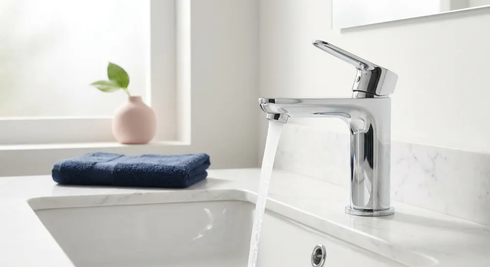 Schone chromen kraan met stromend water zonder kalk