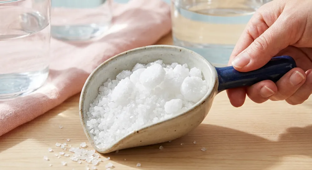 Schep met witte onthardingszouttabletten