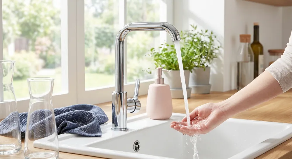 Chromen kraan met helder stromend, onthard water