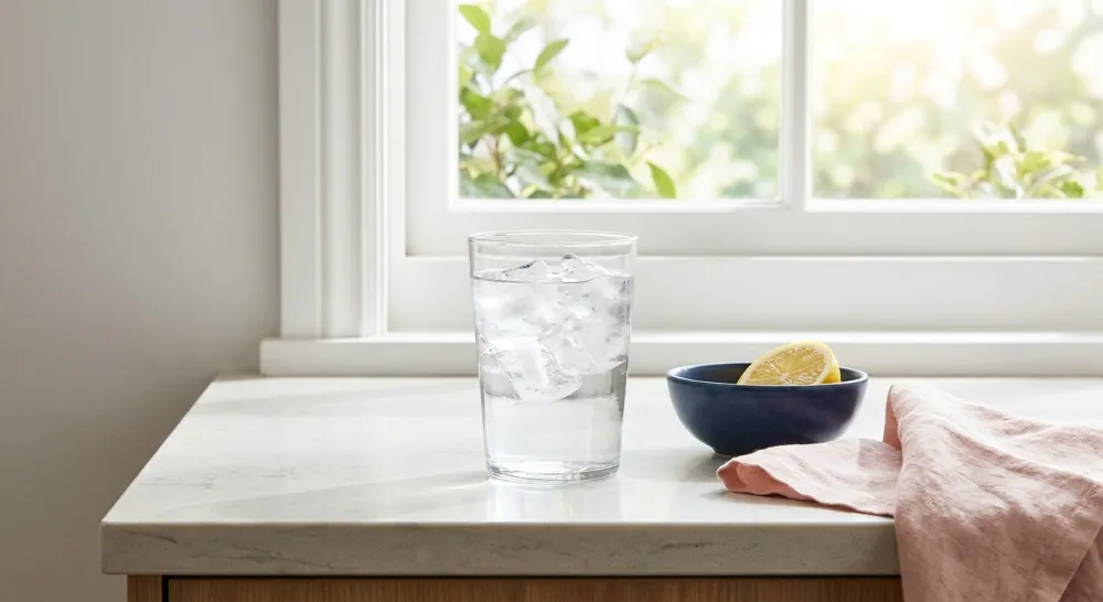 Glas drinkwater met ijs op een licht keukenblad