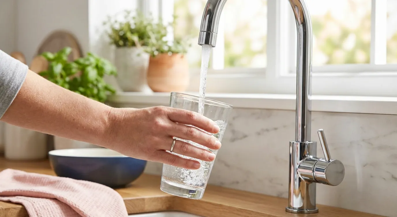 Hand vult een glas met water aan de keukenkraan