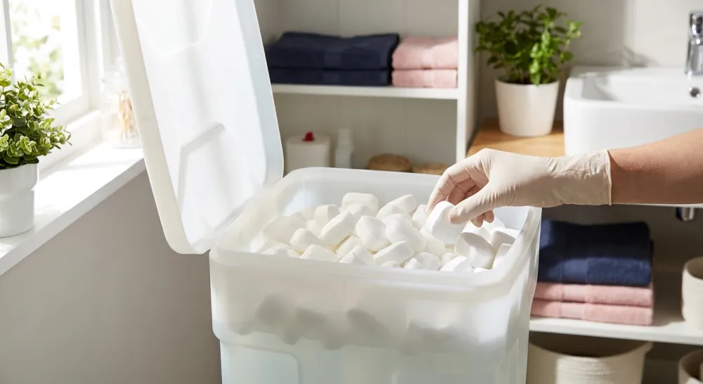 Zouttank van een waterontharder gevuld met zouttabletten