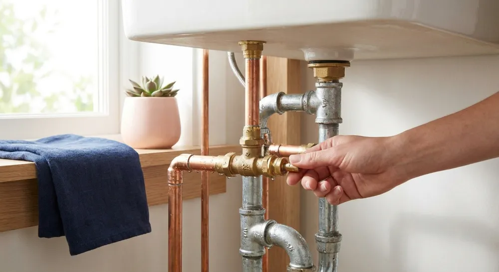 Metalen waterleidingen onder een wastafel