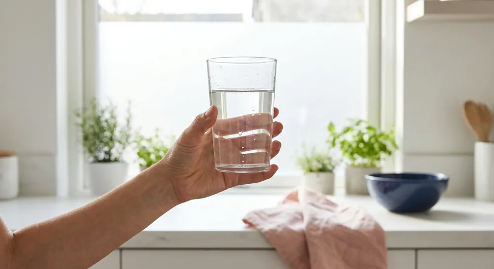 Hand houdt een glas zuiver, kalkvrij water in het daglicht