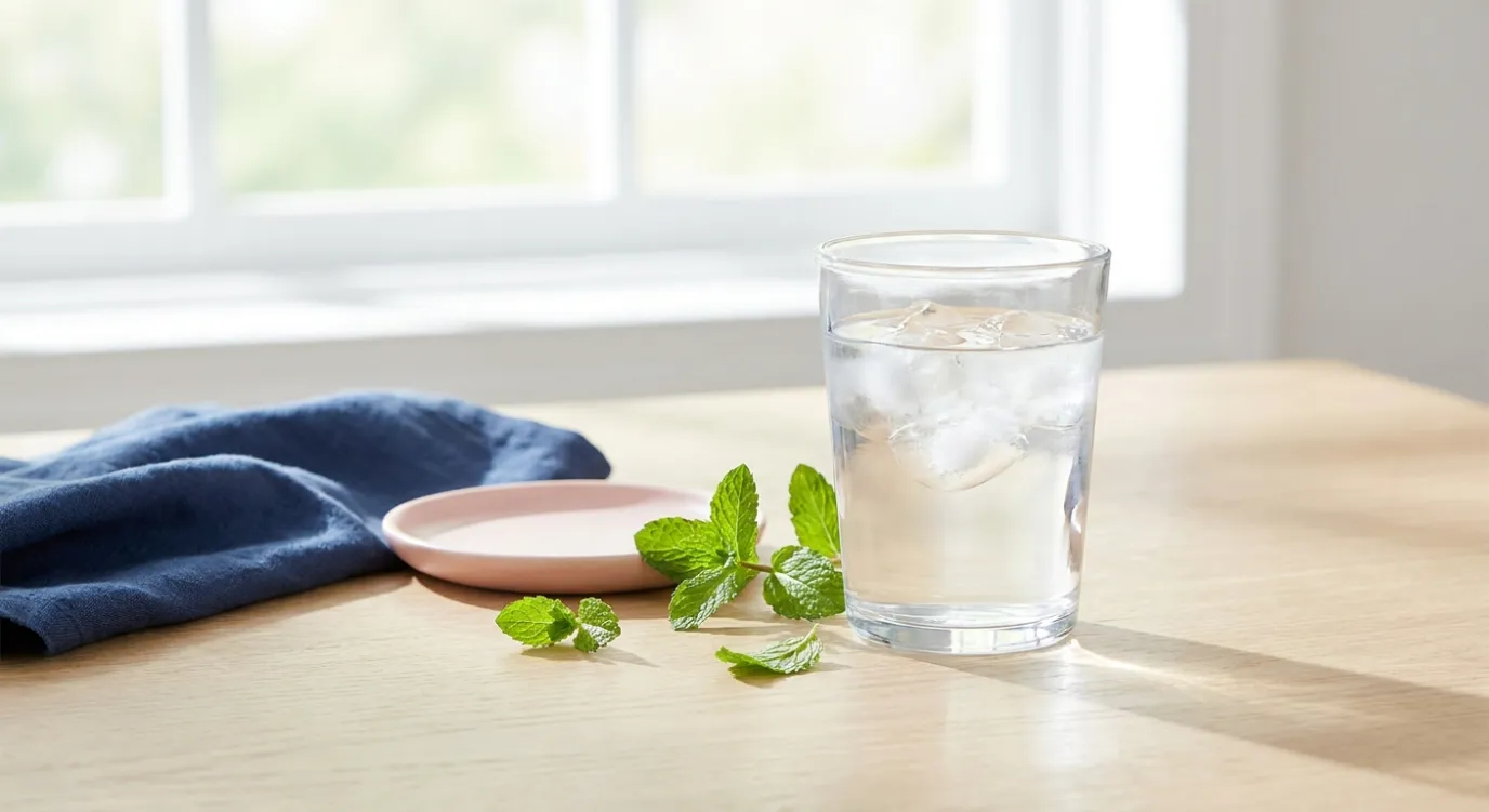 Fris glas water met muntblaadjes op tafel