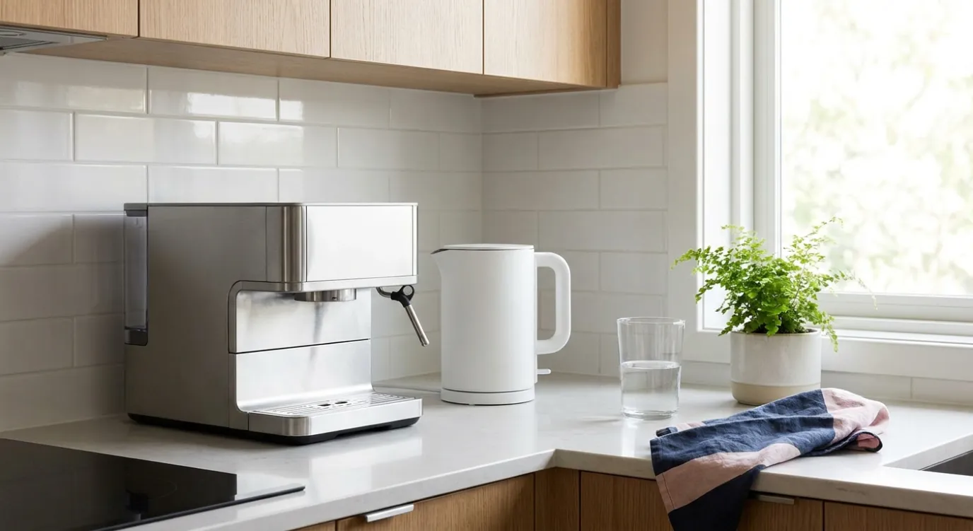 Onbedrukte espressomachine en waterkoker op een licht keukenblad, vrij van kalkaanslag