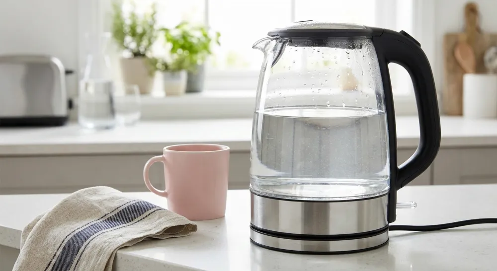 Glasheldere waterkoker met helder water en een kalkvrij verwarmingselement