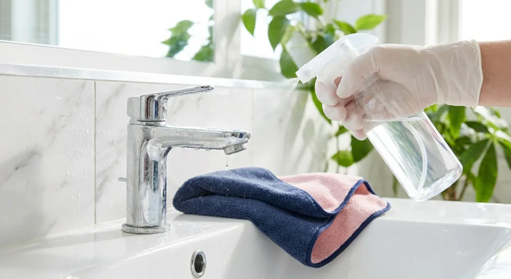 Hand sprayt een reiniger op een chromen kraan met lichte kalkaanslag