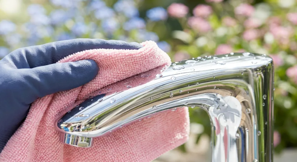 Hand wrijft een chromen kraan blinkend schoon met een microvezeldoek