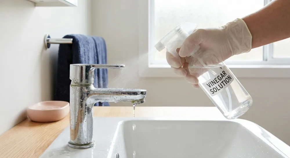 Hand sprayt verdunde azijn op een chromen kraan met kalkaanslag