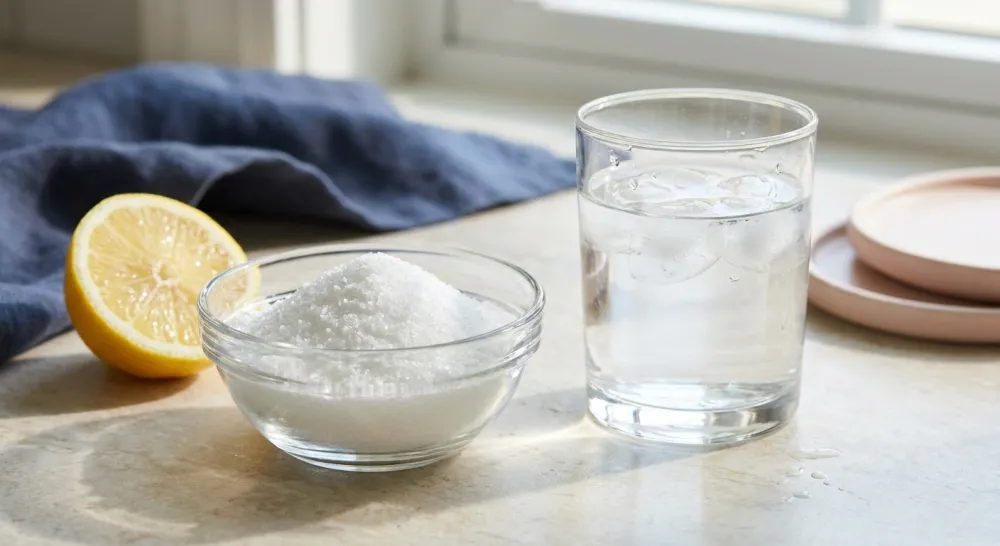 Citroenzuur, citroen en een glas water als natuurlijke ontkalkmiddelen