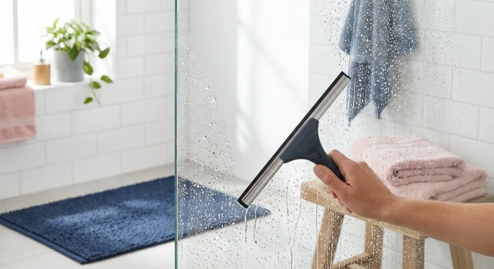 Hand trekt water van een glazen douchewand met een trekker