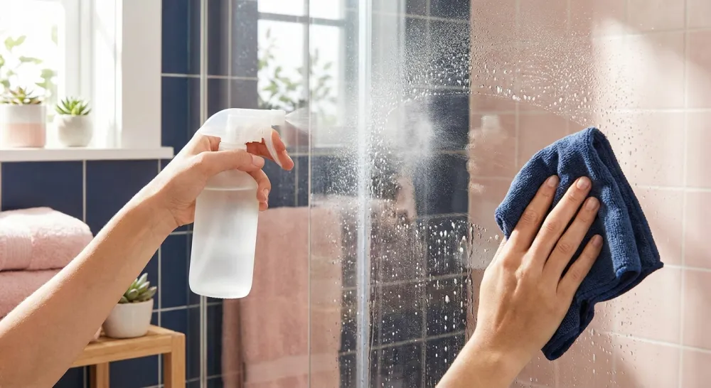 Hand sprayt en wrijft een glazen douchedeur kalkvrij