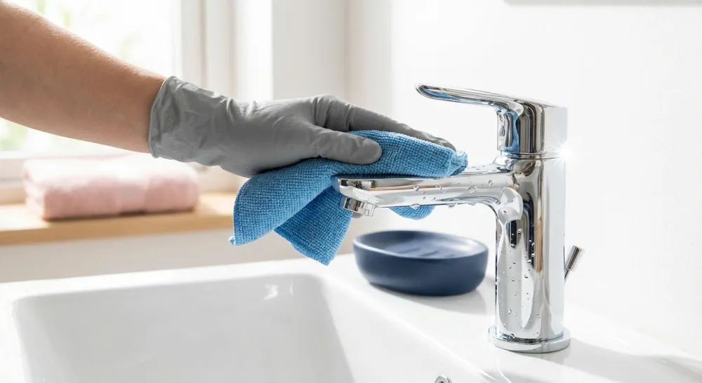 Hand poetst een chromen kraan blinkend met een microvezeldoek