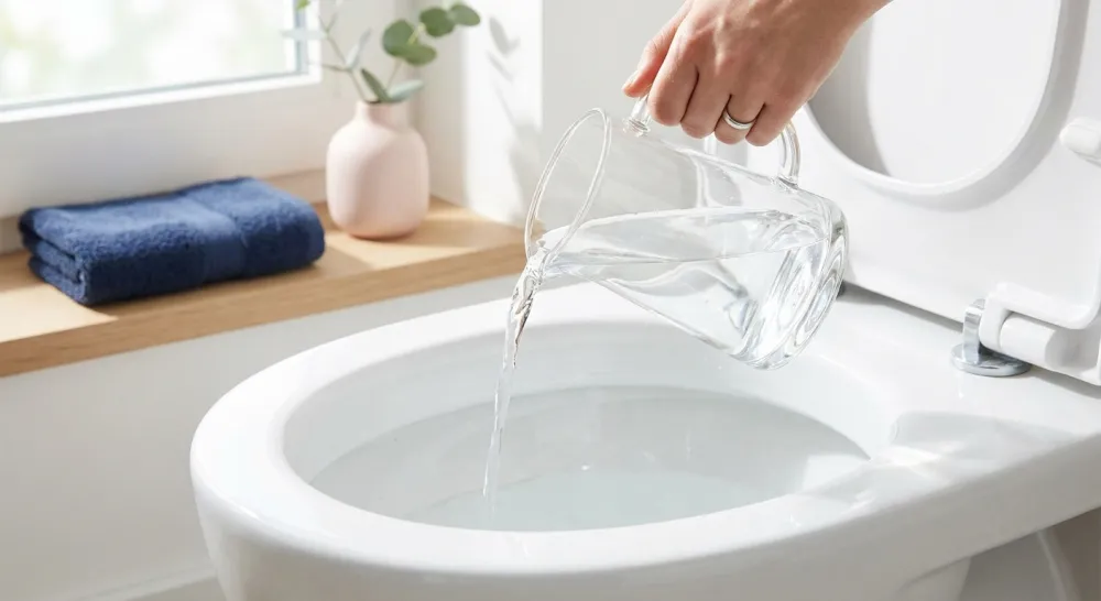 Hand giet azijn in een schone witte toiletpot