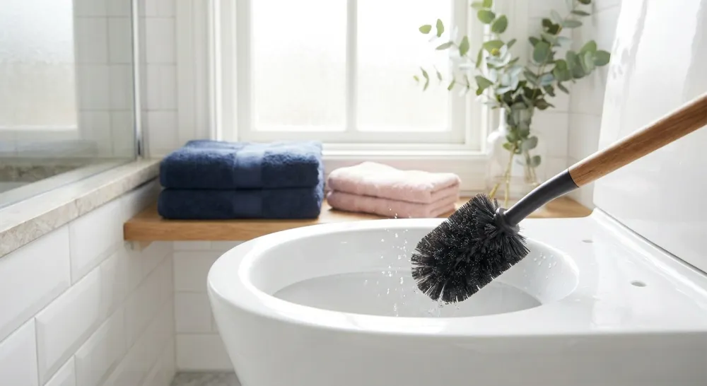 Toiletborstel reinigt onder de rand van een witte toiletpot