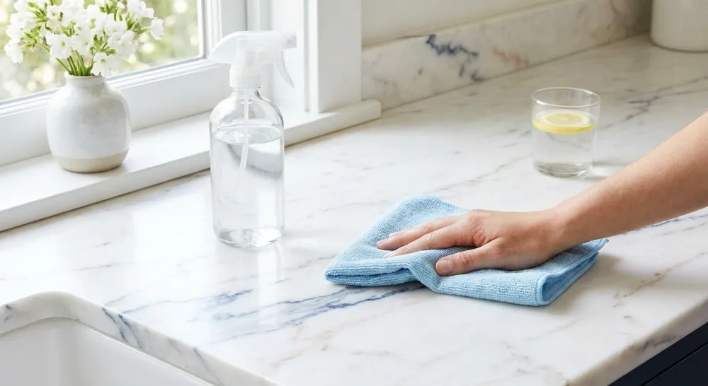 Hand wrijft een marmeren oppervlak schoon met een pH-neutrale reiniger
