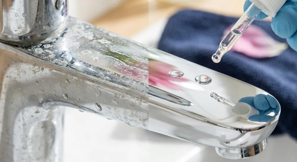 Chromen oppervlak half bedekt met kalk, half blinkend schoon