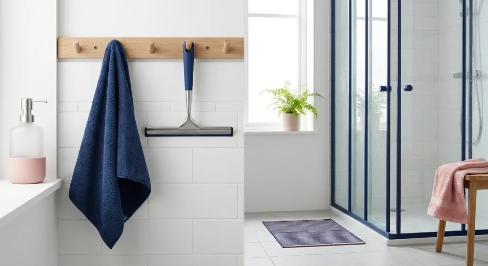 Lichte badkamer met microvezeldoek en trekker klaar om kalk te voorkomen