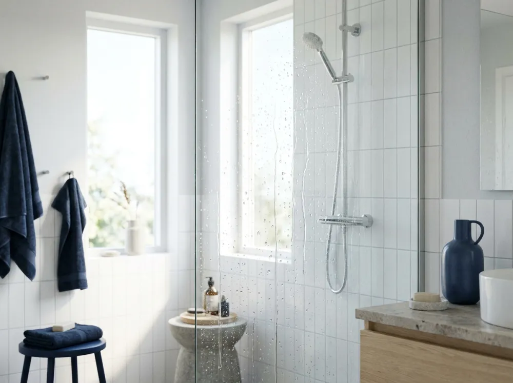 Heldere glazen douchewand zonder kalkaanslag in een lichte badkamer