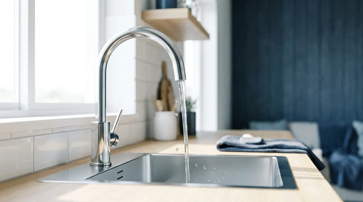 Blinkende chromen keukenkraan met stromend water, vrij van kalkaanslag