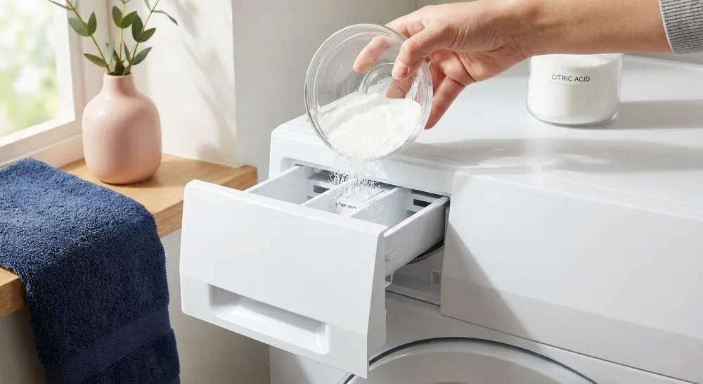 Hand giet citroenzuur in het wasmiddelbakje van een wasmachine