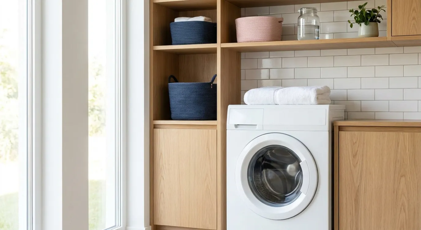Witte wasmachine in een lichte wasruimte, vrij van kalkaanslag