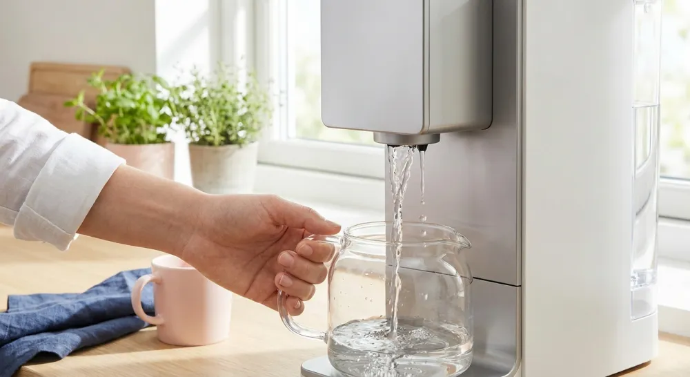 Helder water stroomt uit een kalkvrij koffiezetapparaat in een glazen kan