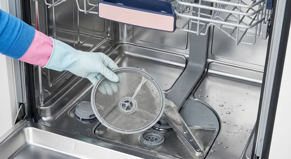 Hand haalt het filter uit de bodem van een schone vaatwasser