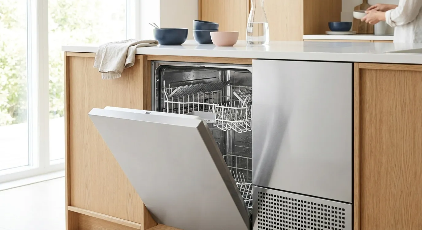 Open schone vaatwasser met glanzende rekken in een lichte keuken