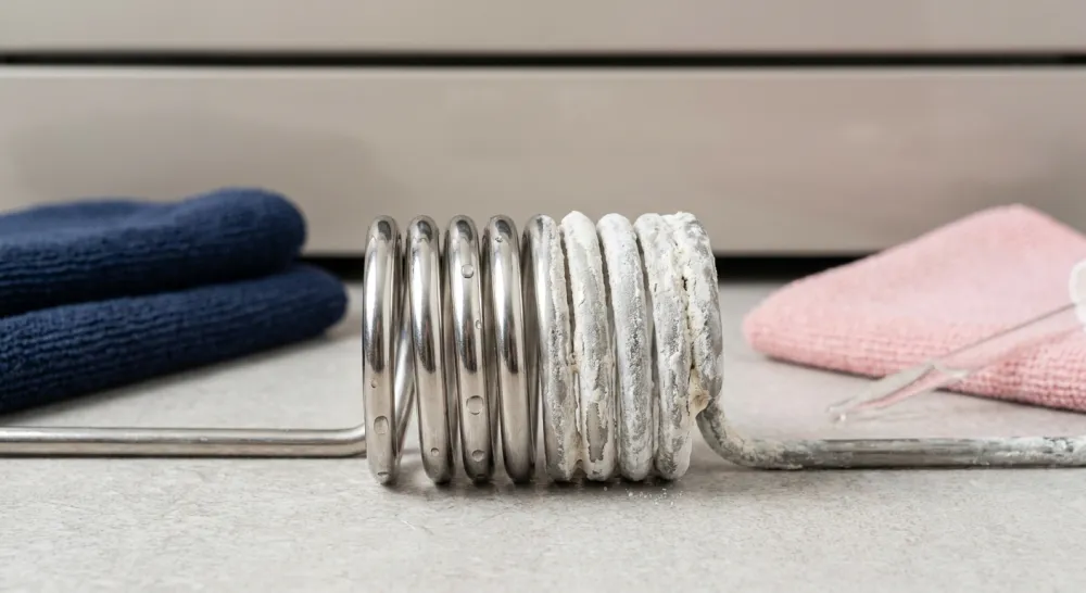 Verwarmingselement half bedekt met kalk half schoon als vergelijking