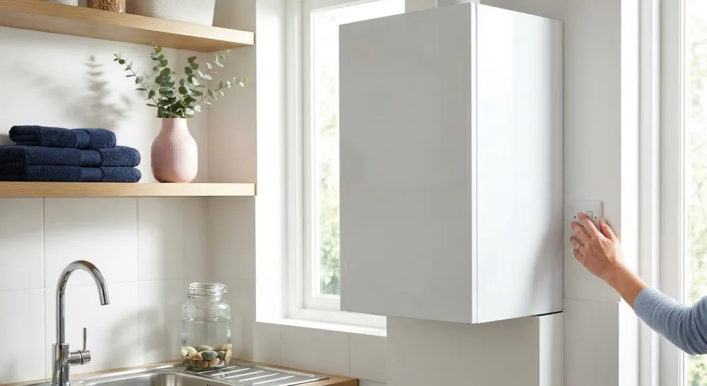 Hand schakelt de stroom uit naast een boiler voor het ontkalken