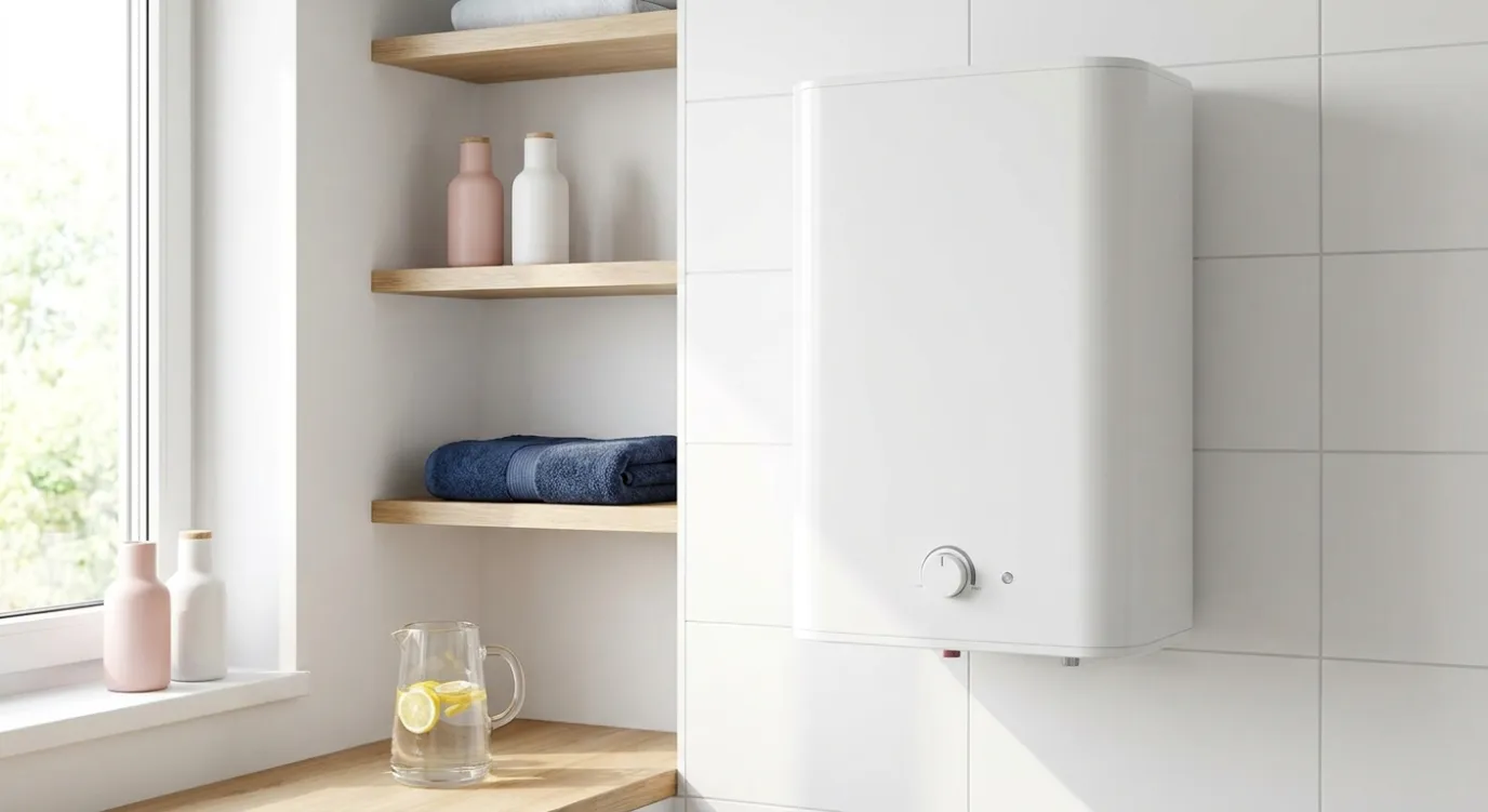 Witte elektrische boiler aan de muur in een lichte technische ruimte
