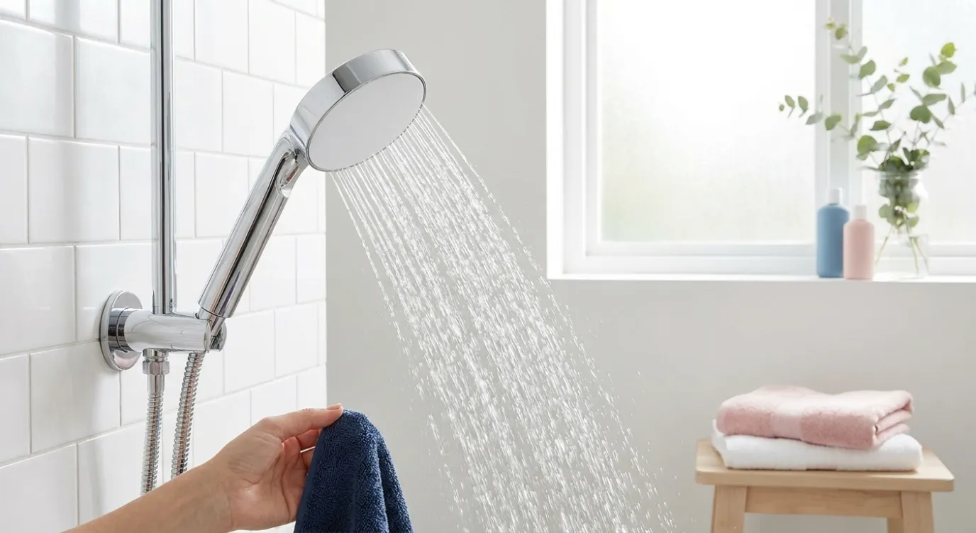 Chromen douchekop met stromend helder water in een lichte badkamer